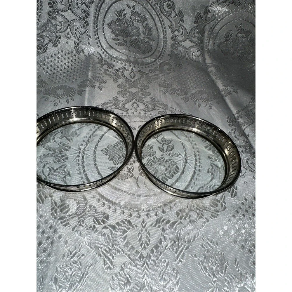 VINTAGE COASTERS WITH PIERCED METAL GALLERY & STAR-CUT GLASS BOTTOM SET OF 2